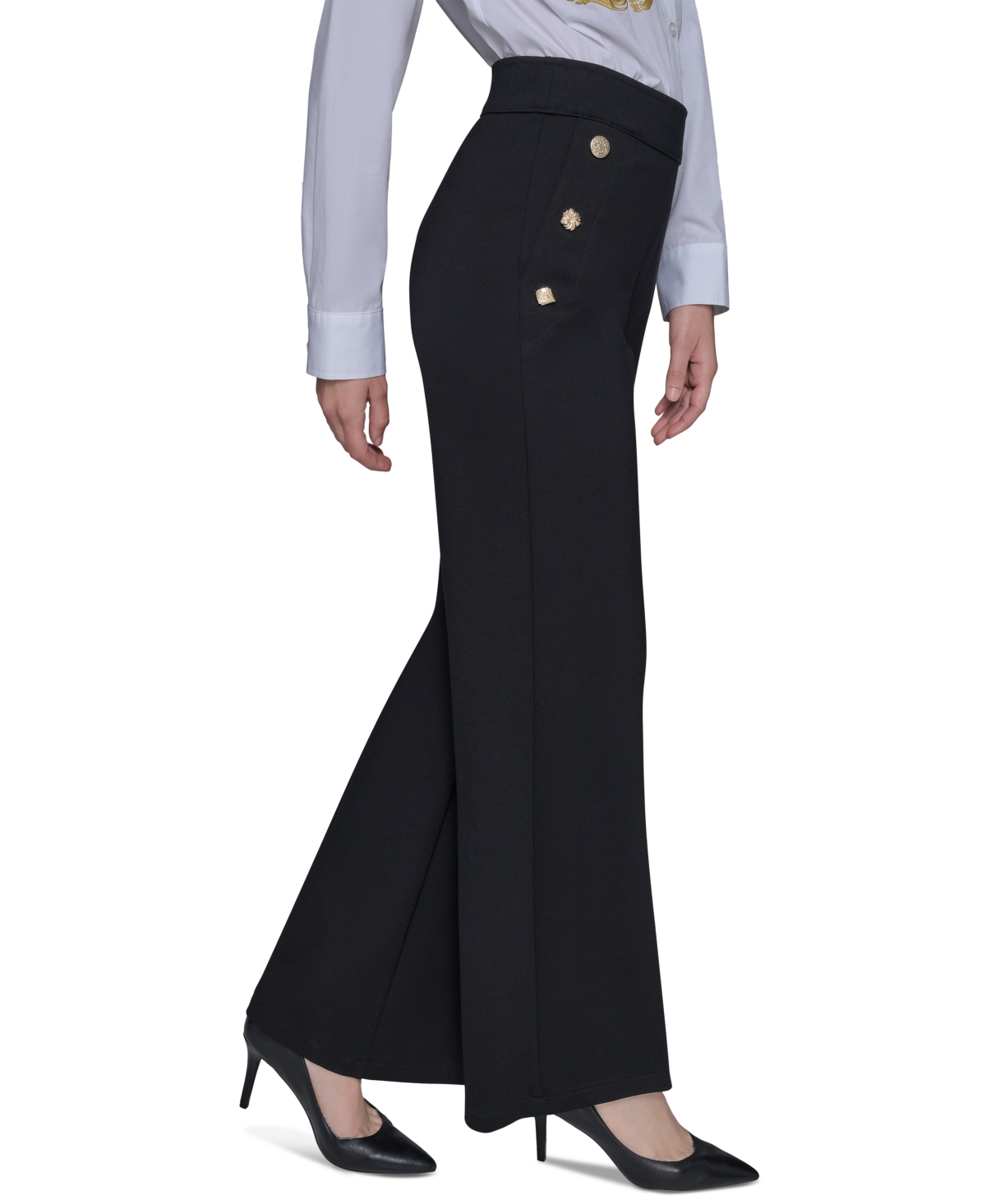 Karl Lagerfeld Womens Side Button Wide Leg Ponte Pants P Xs Xl In Black