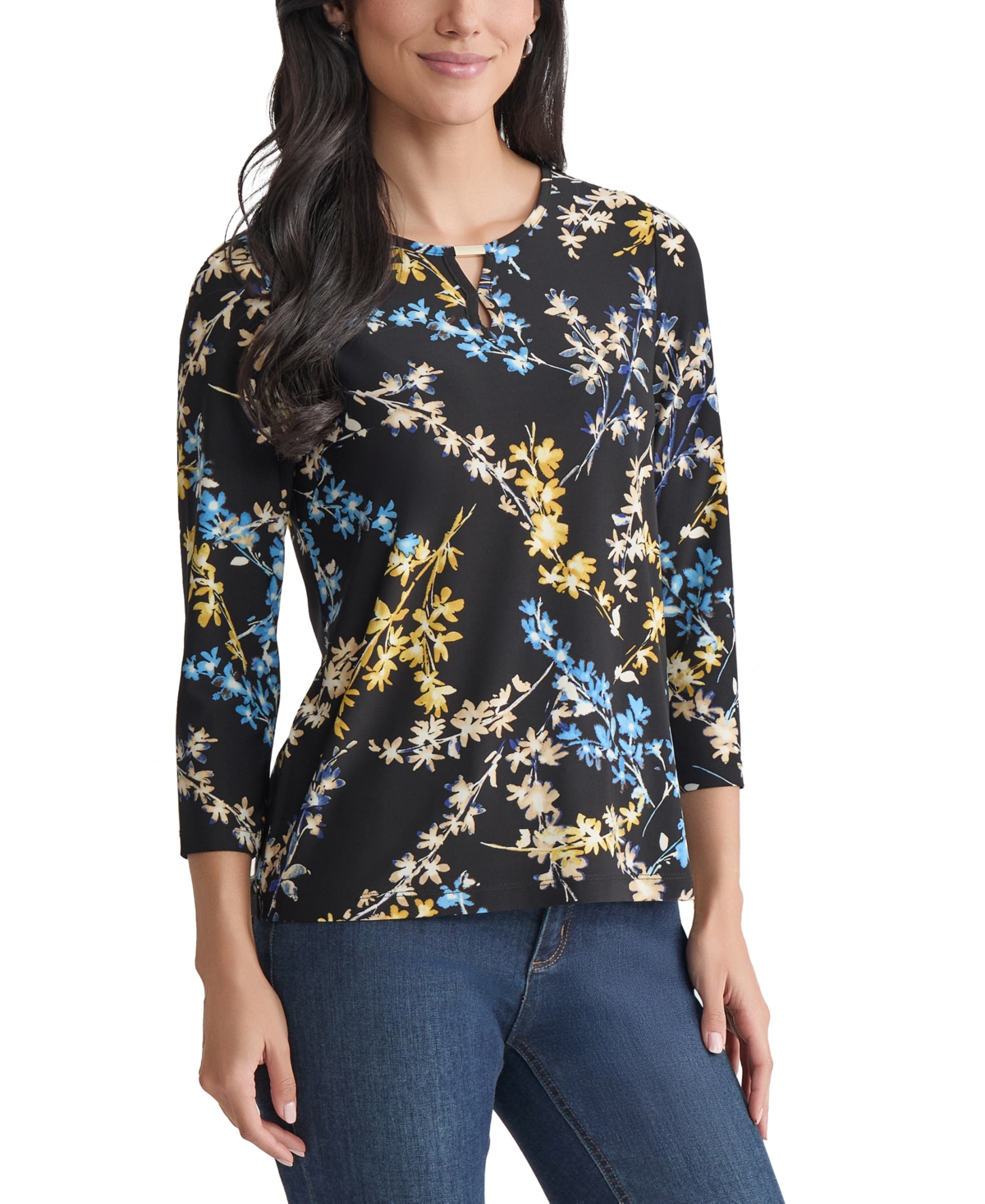 Jones New York Petite Floral-print Keyhole Top In Multi
