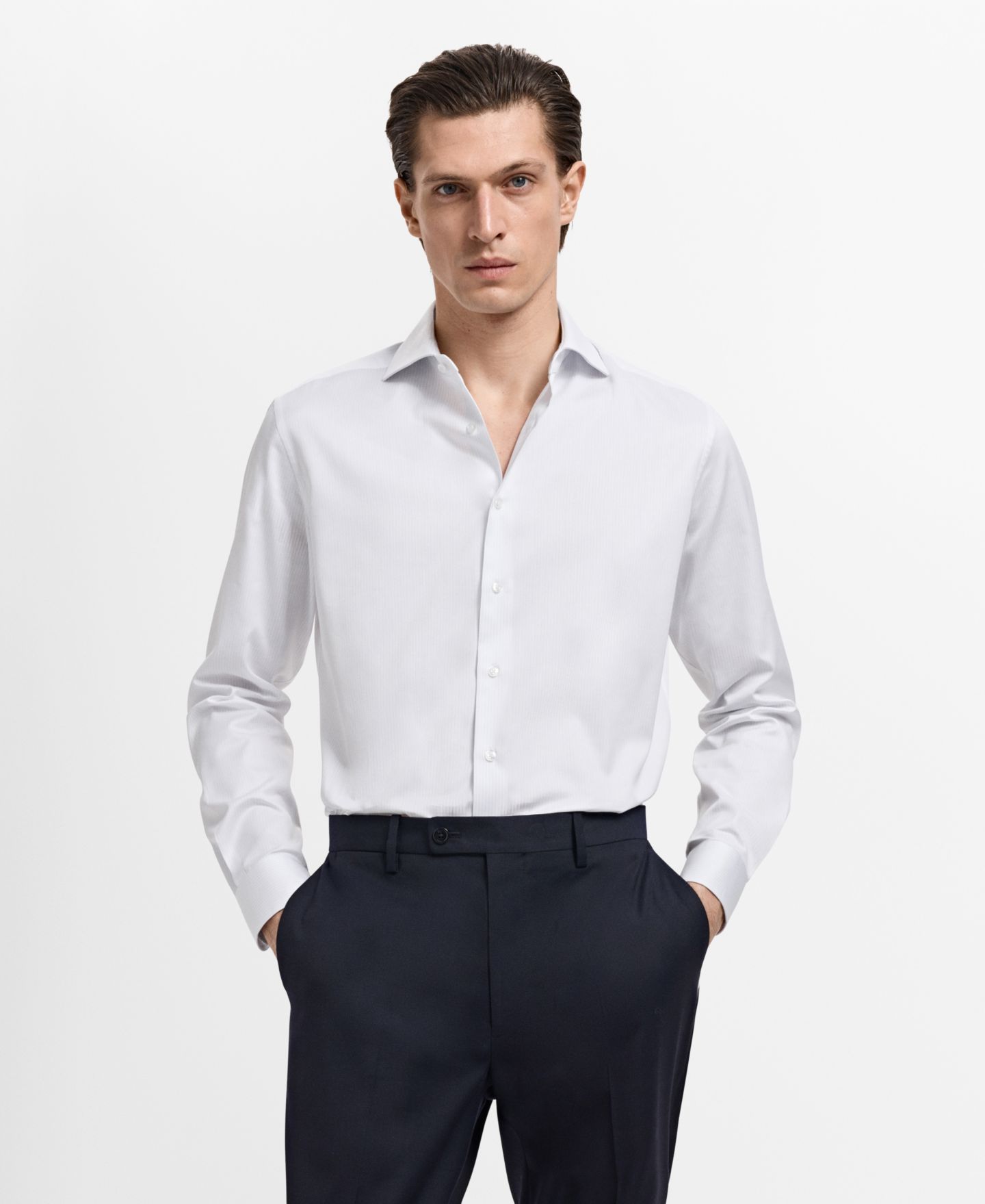 Мужская рубашка Mango Slim Fit Cotton Striped Dress Shirt, цвет: Белый — фото 1
