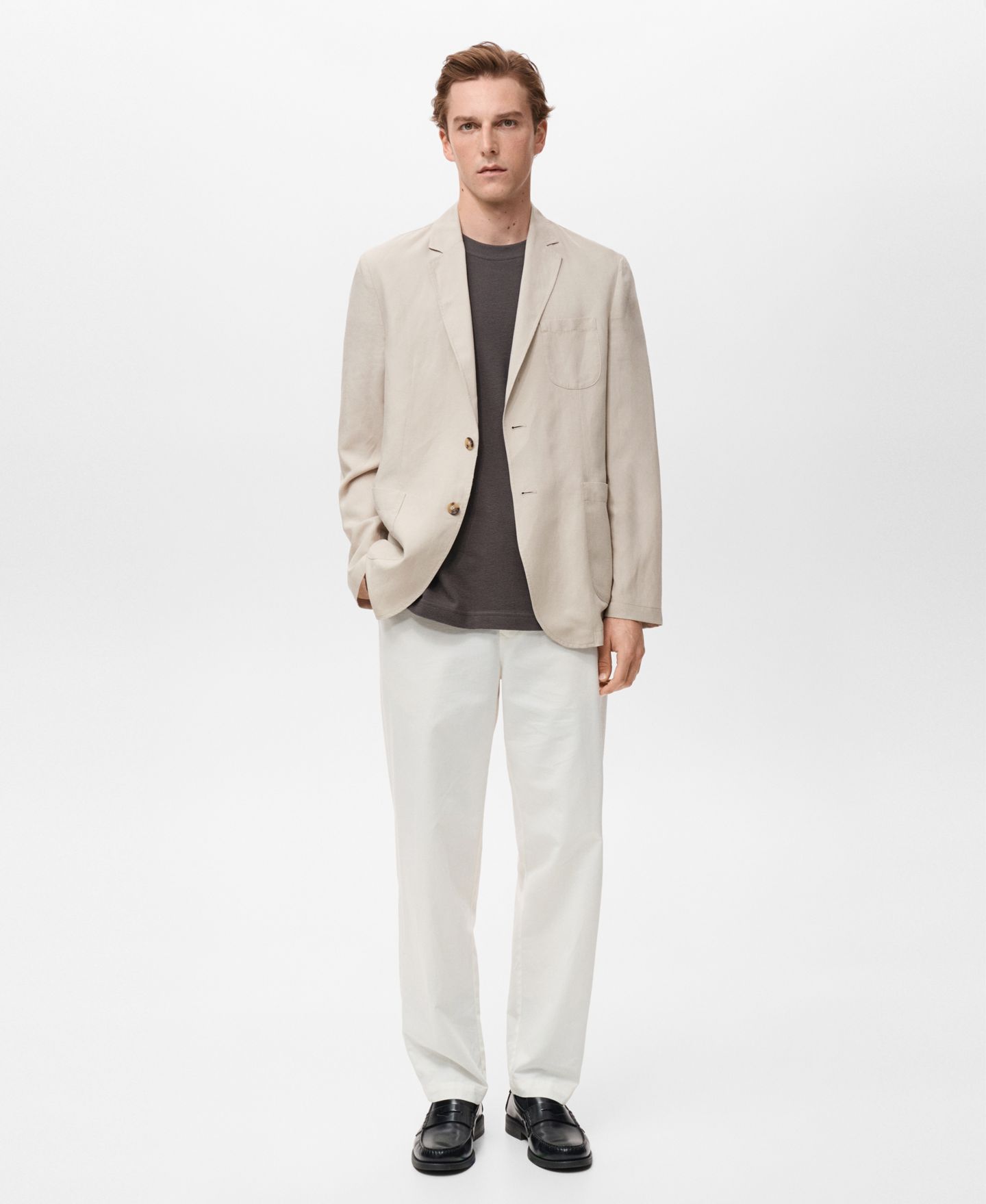 Мужской пиджак MANGO Slim-Fit Linen Suit Blazer, цвет: Экрю — фото 3