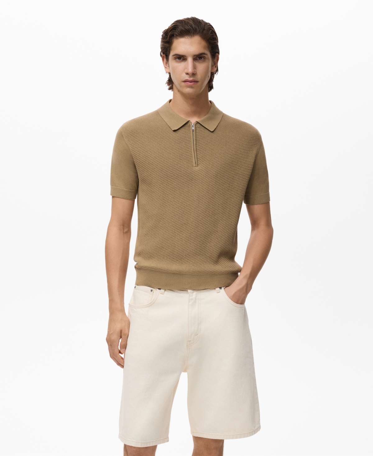Men's Zipper Openwork Knitted Polo Shirt - Beige