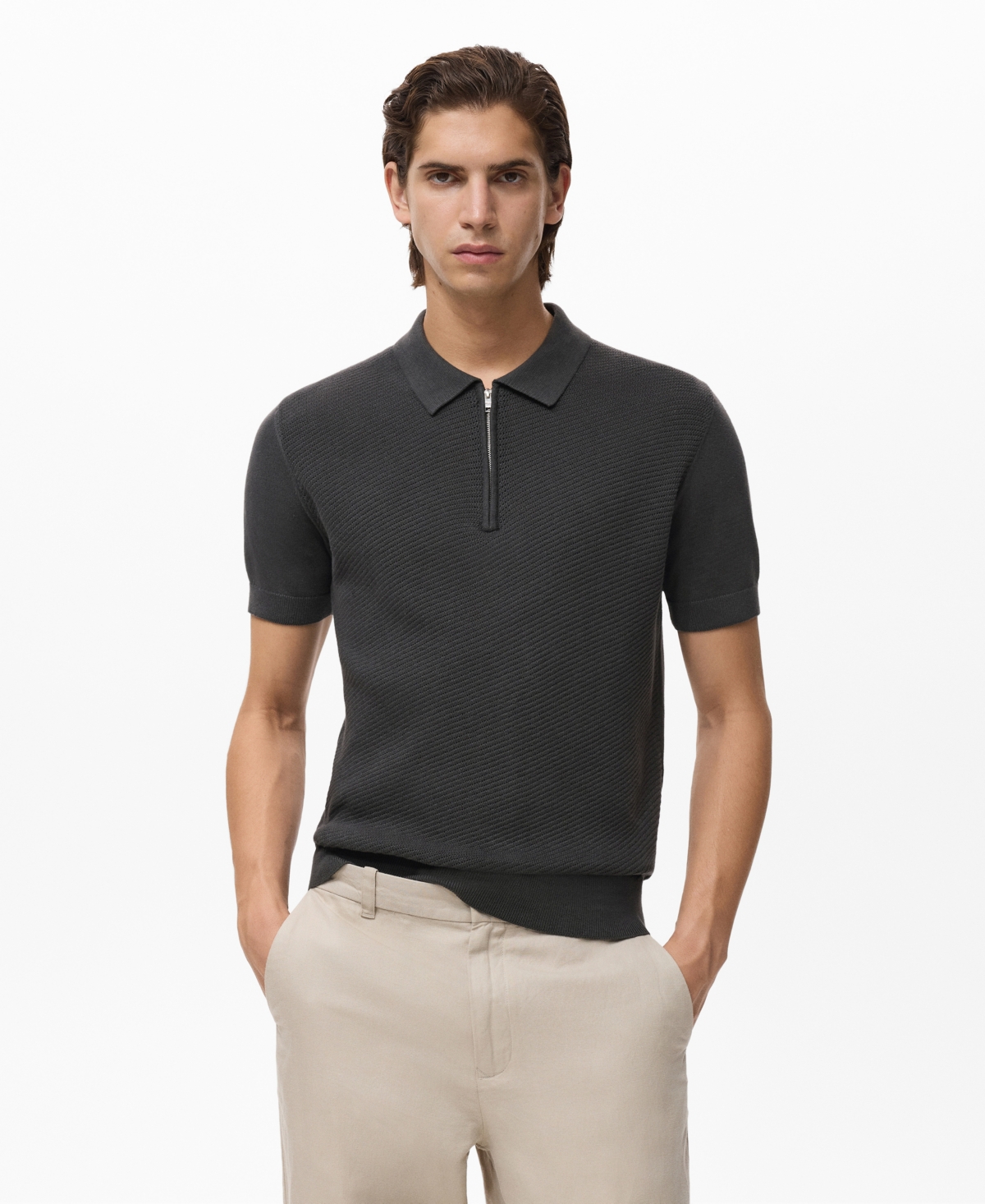 Men's Zipper Openwork Knitted Polo Shirt - Beige