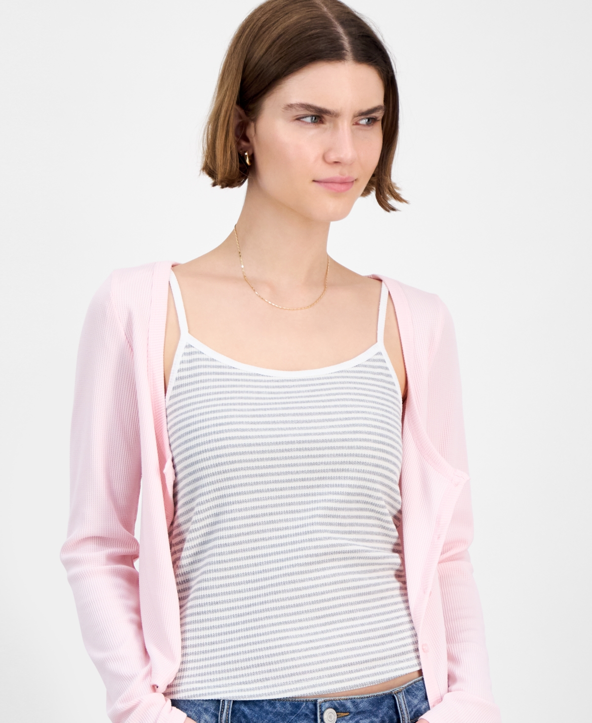 Hippie Rose Juniors' Waffle-knit Tank Top & Cardigan Set In Pink