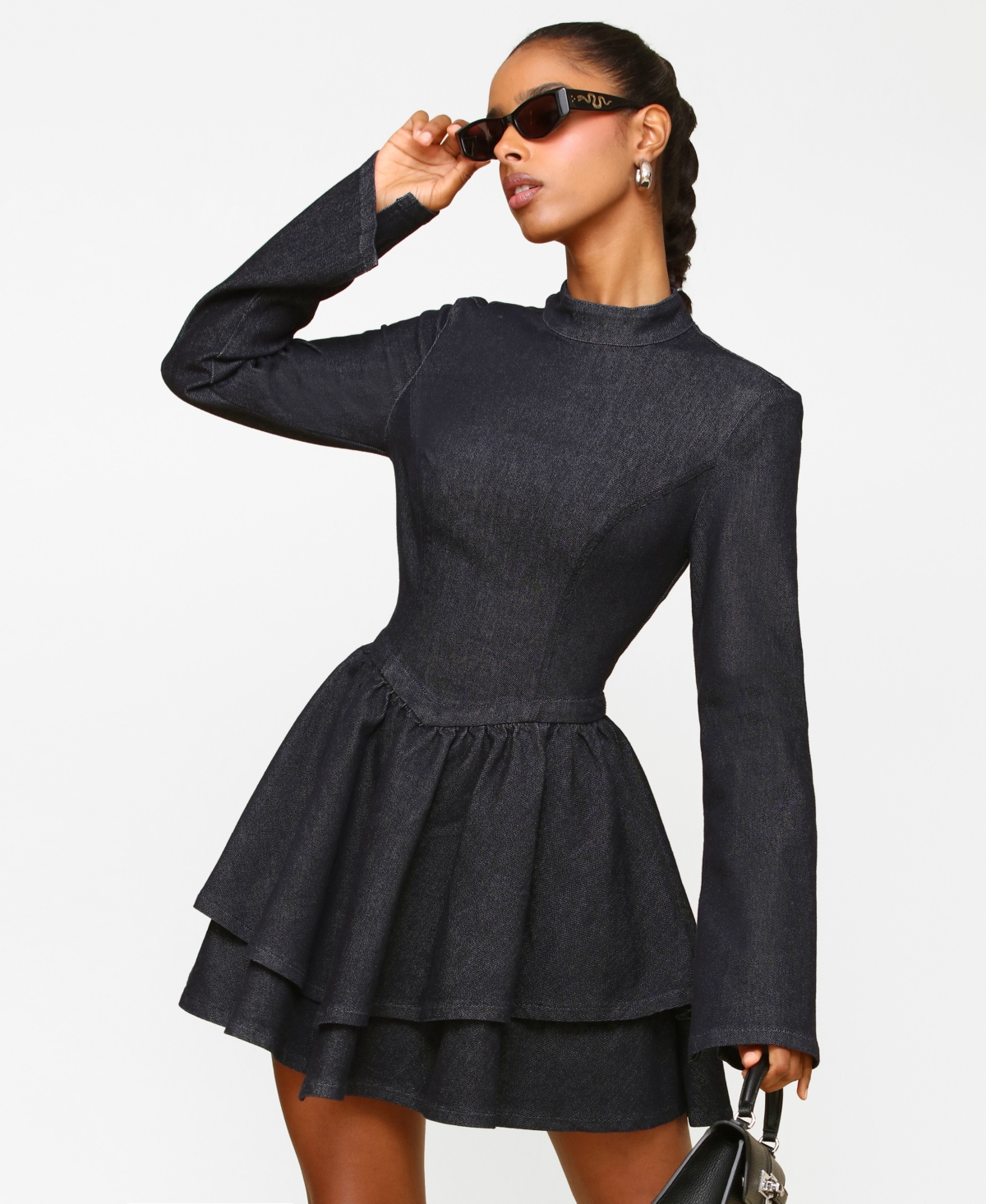 Avec Les Filles Long Sleeve Denim Minidress In Gray