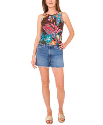 Women's Printed Sleeveless Keyhole Top