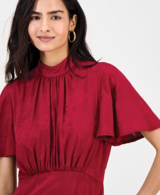 Women's High-Neck Flounce-Sleeve Midi Dress