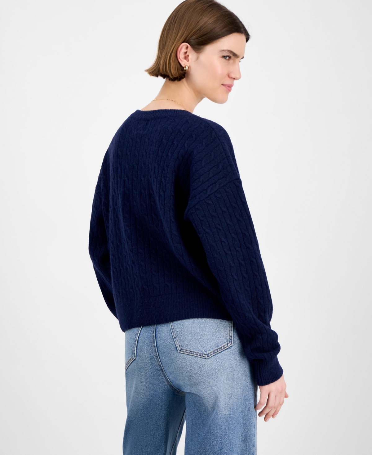 Hippie Rose Juniors' Cable-knit Varsity Sweater In Blue