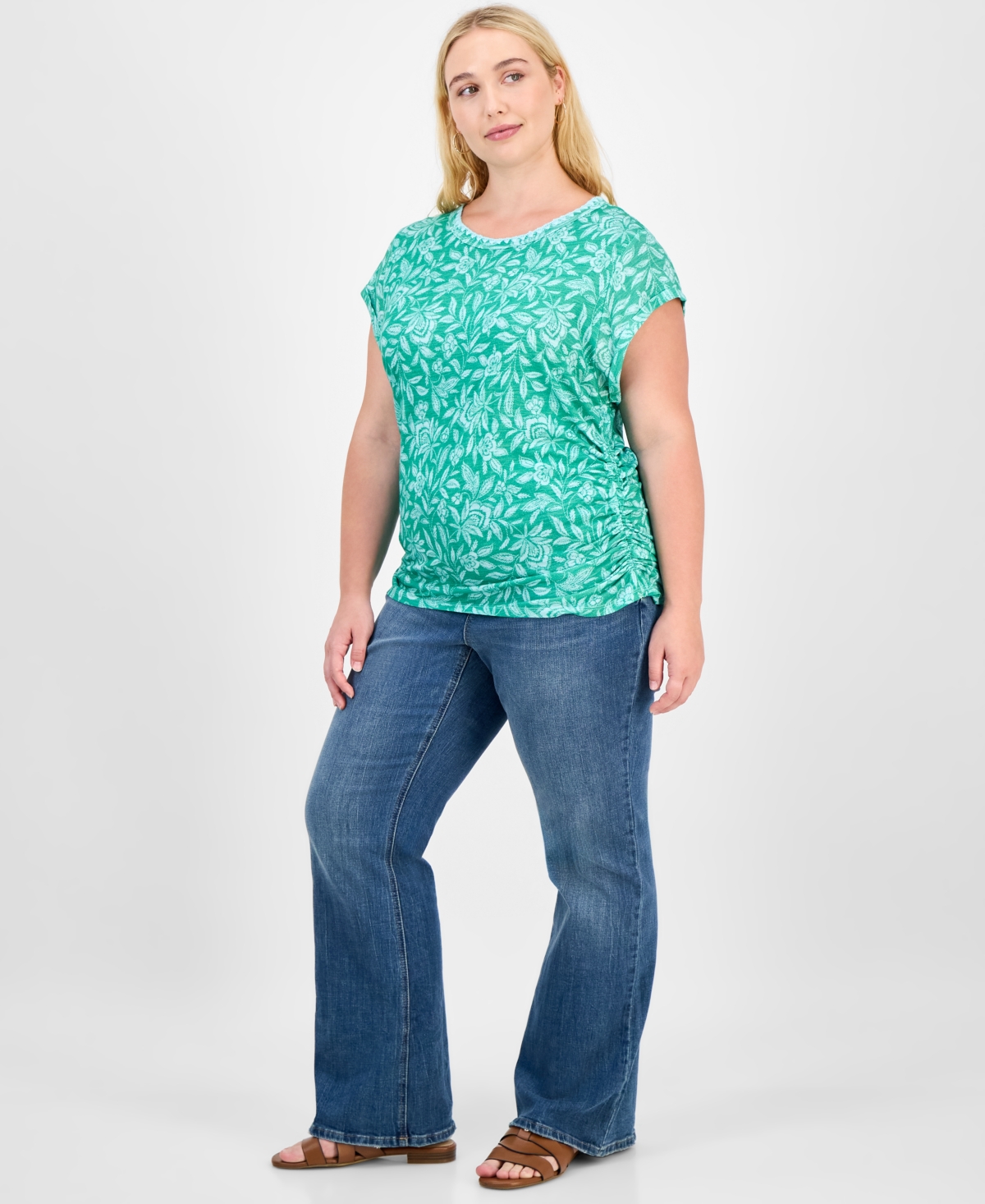 Democracy Trendy Plus Printed Side-shirred Cap-sleeve Top In Green