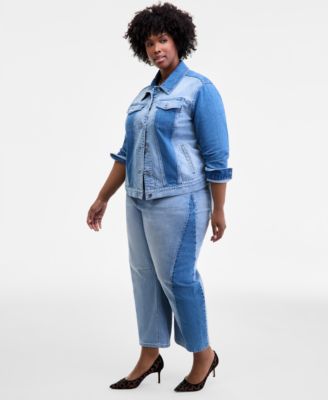 On 34th Trendy Plus Ribbed T Shirt Two Tone Denim Trucker Jacket Two Tone Wide Leg Jeans Macys Exclusive