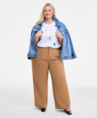On 34th Trendy Plus Cotton Embellished Crewneck Tee Denim Trucker Jacket Pleat Front Wide Leg Pants Macys Ex