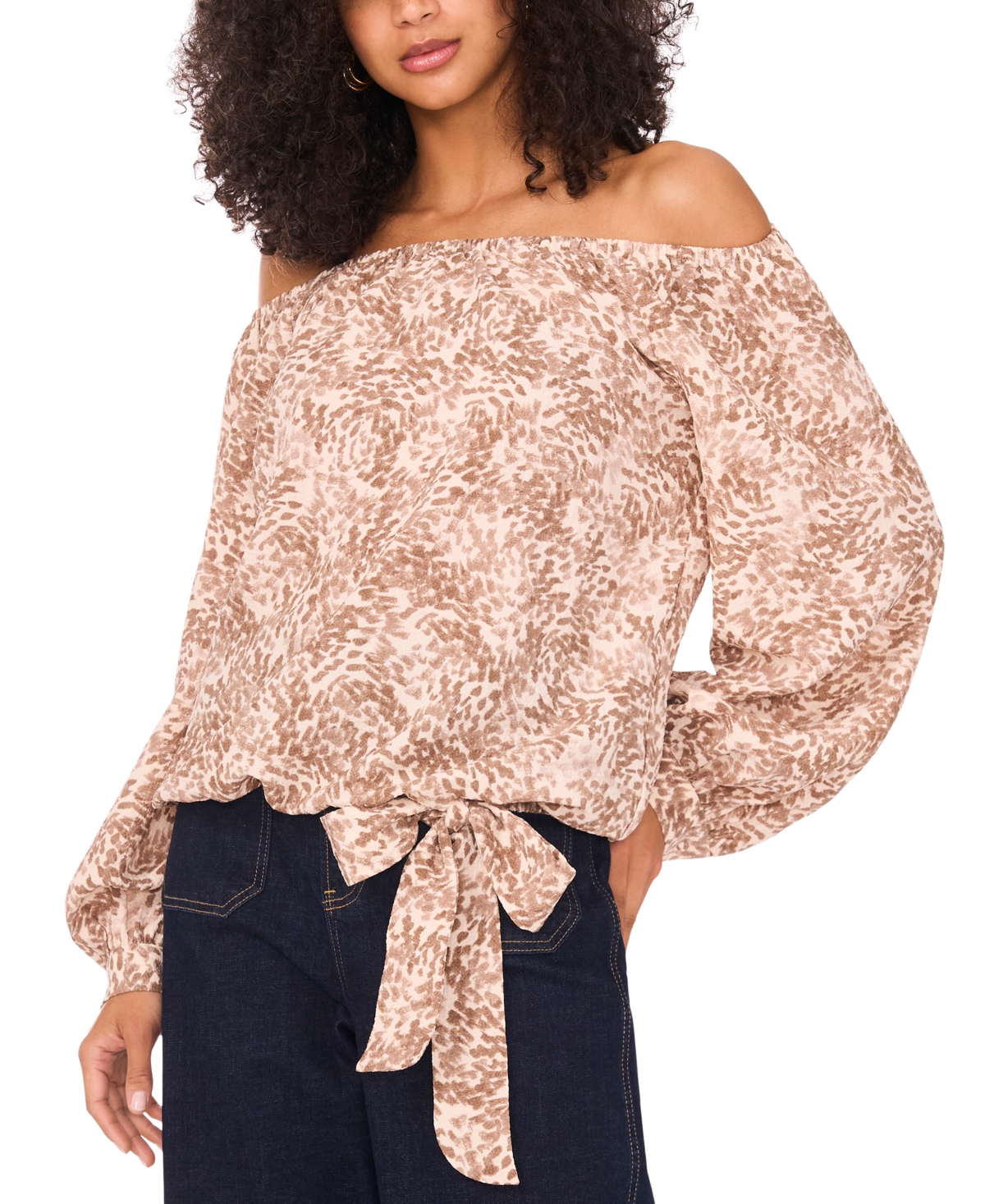 Women's Printed Off-The-Shoulder Blouse - Camel