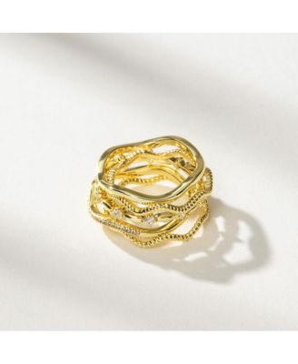 14k Gold-Plated, Cubic Zirconia Vintage 5 Layered Ring Set, Set of 5