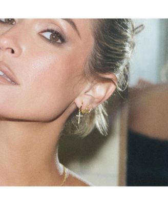 14K Gold-Plated Pave Cross Huggie Earrings, 0.5"