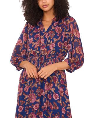 Women's Printed Tie-Neck Puff-Sleeve Maxi Dress