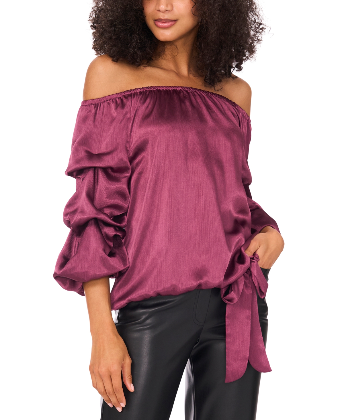 Vince Camuto Women's Satin Off-the-shoulder Bubble 3/4-sleeve Tie-front Blouse In Purple