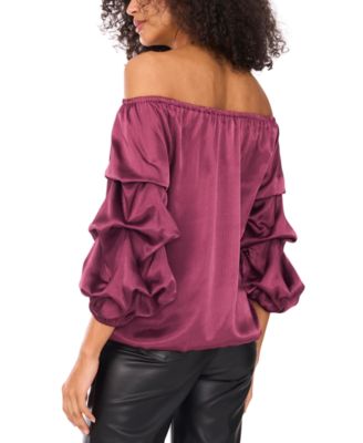 Women's Satin Off-The-Shoulder Bubble 3/4-Sleeve Tie-Front Blouse