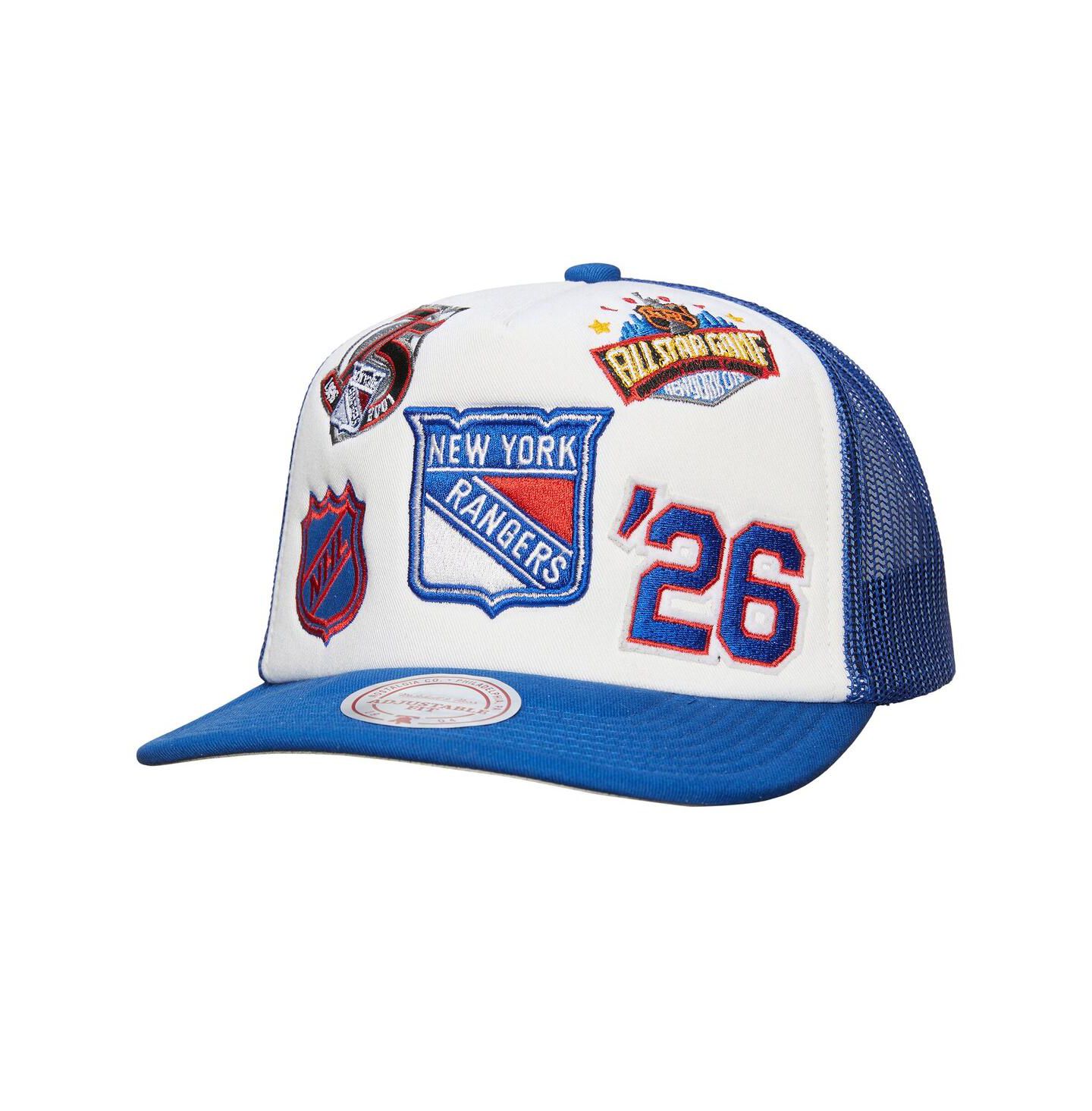 Мужская кепка Mitchell & Ness White/Blue New York Rangers Gridlock Trucker Adjustable Hat — фото 1