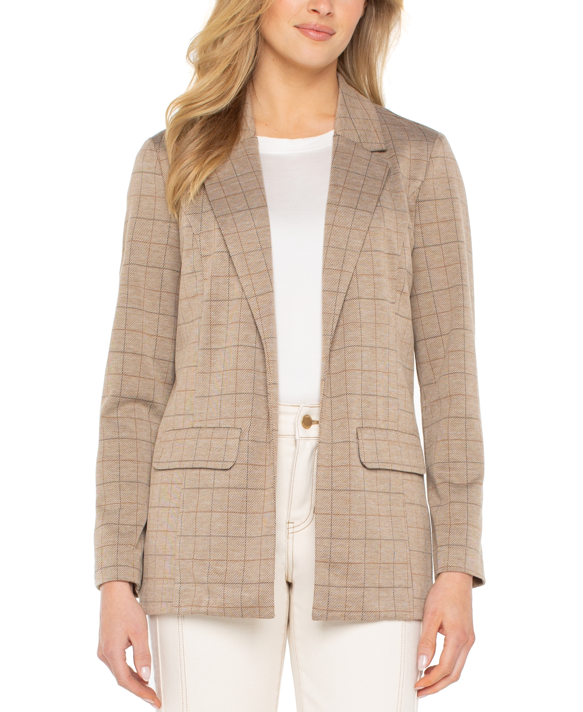 Liverpool Los Angeles Petite Plaid Ponte Boyfriend Blazer In Neutral
