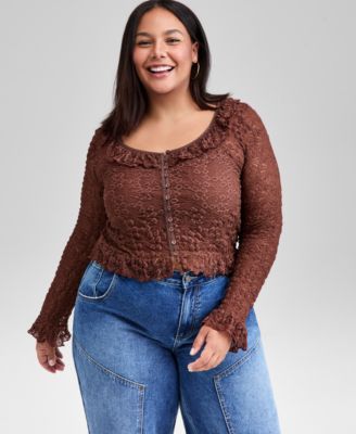 And Now This - Trendy Plus Size Lace Ruffle-Trim Crop Top