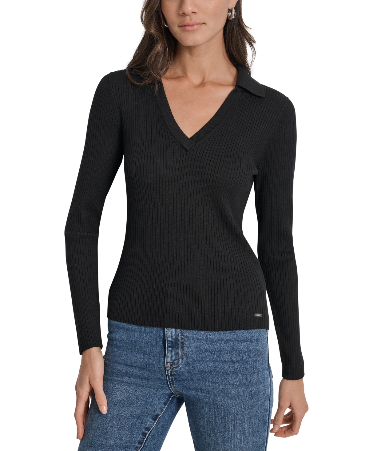 Dkny Jeans Petite Ribbed Johnny-collar Sweater In Black