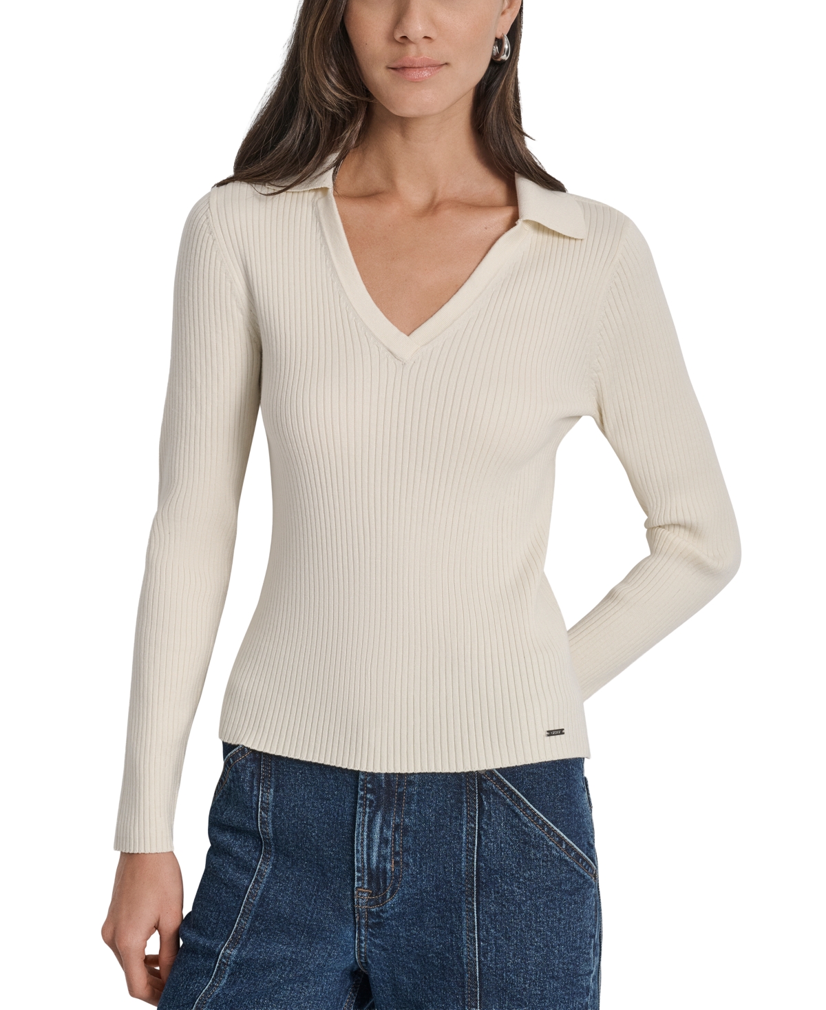 Dkny Jeans Petite Ribbed Johnny-collar Sweater In Yellow