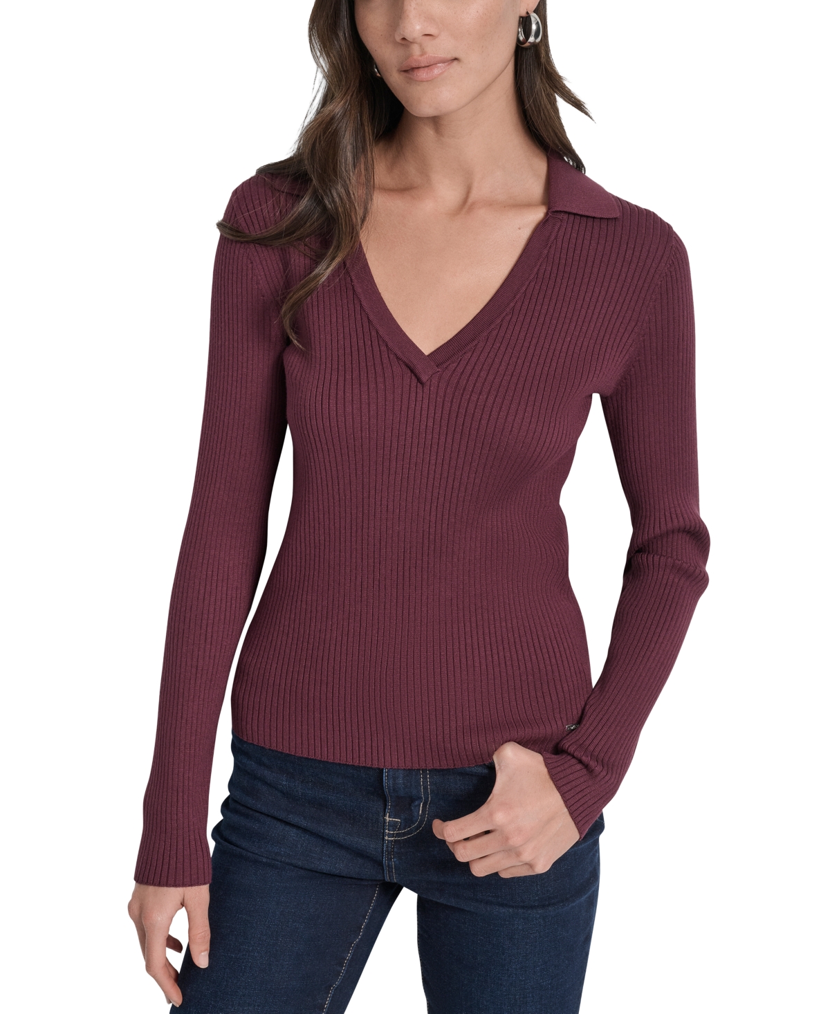 Dkny Jeans Petite Ribbed Johnny-collar Sweater In Burgundy