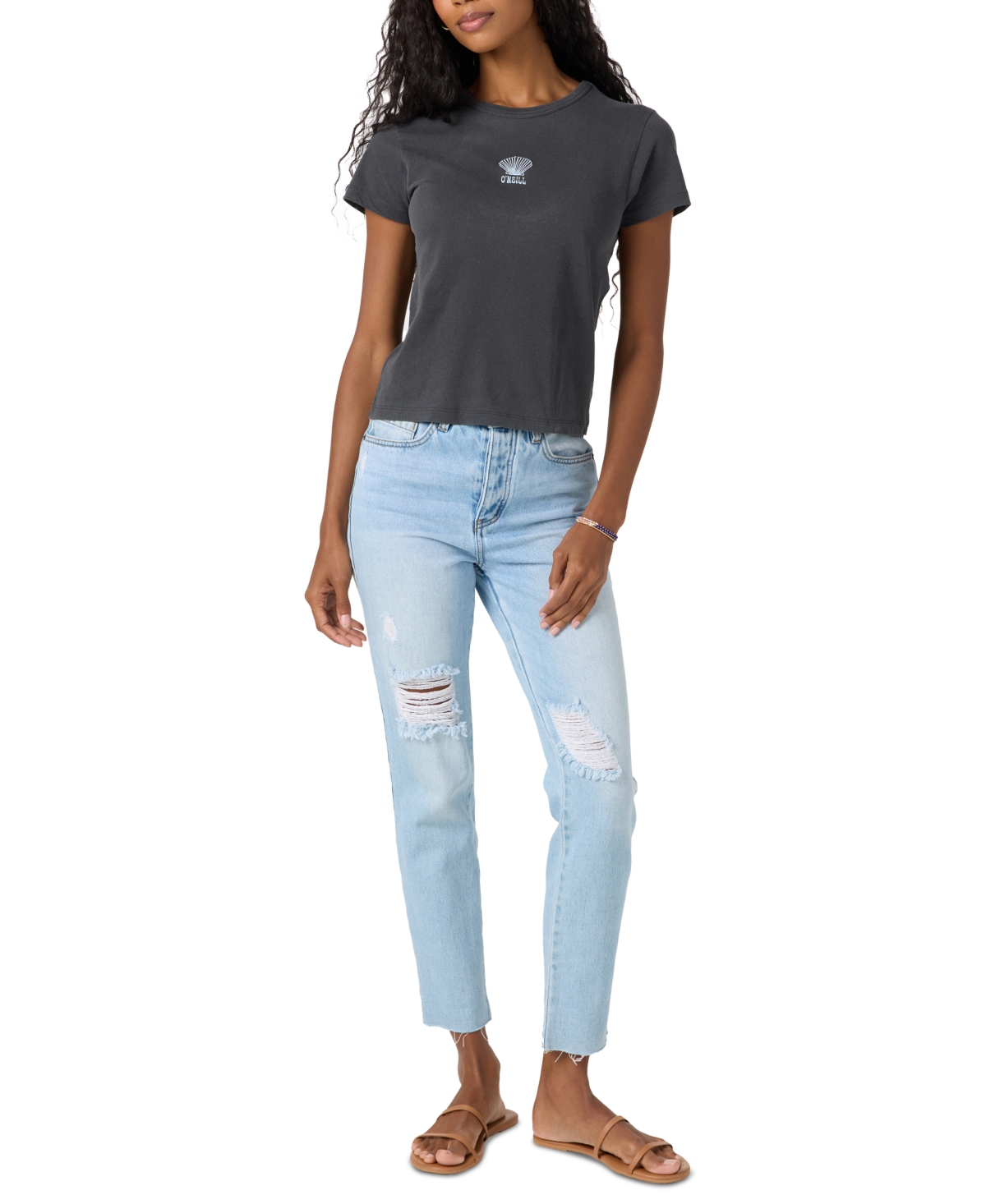 Juniors' Shelly Graphic Cotton Crewneck T-Shirt - Washed Black