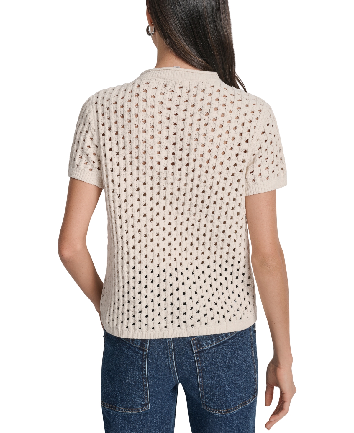 Dkny Jeans Petite Open-stitch Crewneck Sweater In Neutral