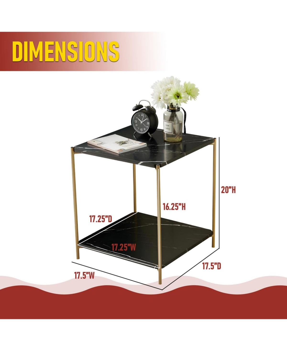 Kings Brand Furniture Side End Table with Faux Marble Storage Shelves & Gold Metal Frame, Nightstand for Bedroom, Living Room, or Modern Accent