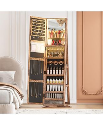 Rotatable full-length jewelry mirror cabinet with compartments and built-in LED lights.