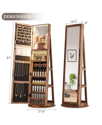 Rotatable full-length jewelry mirror cabinet with compartments and built-in LED lights.
