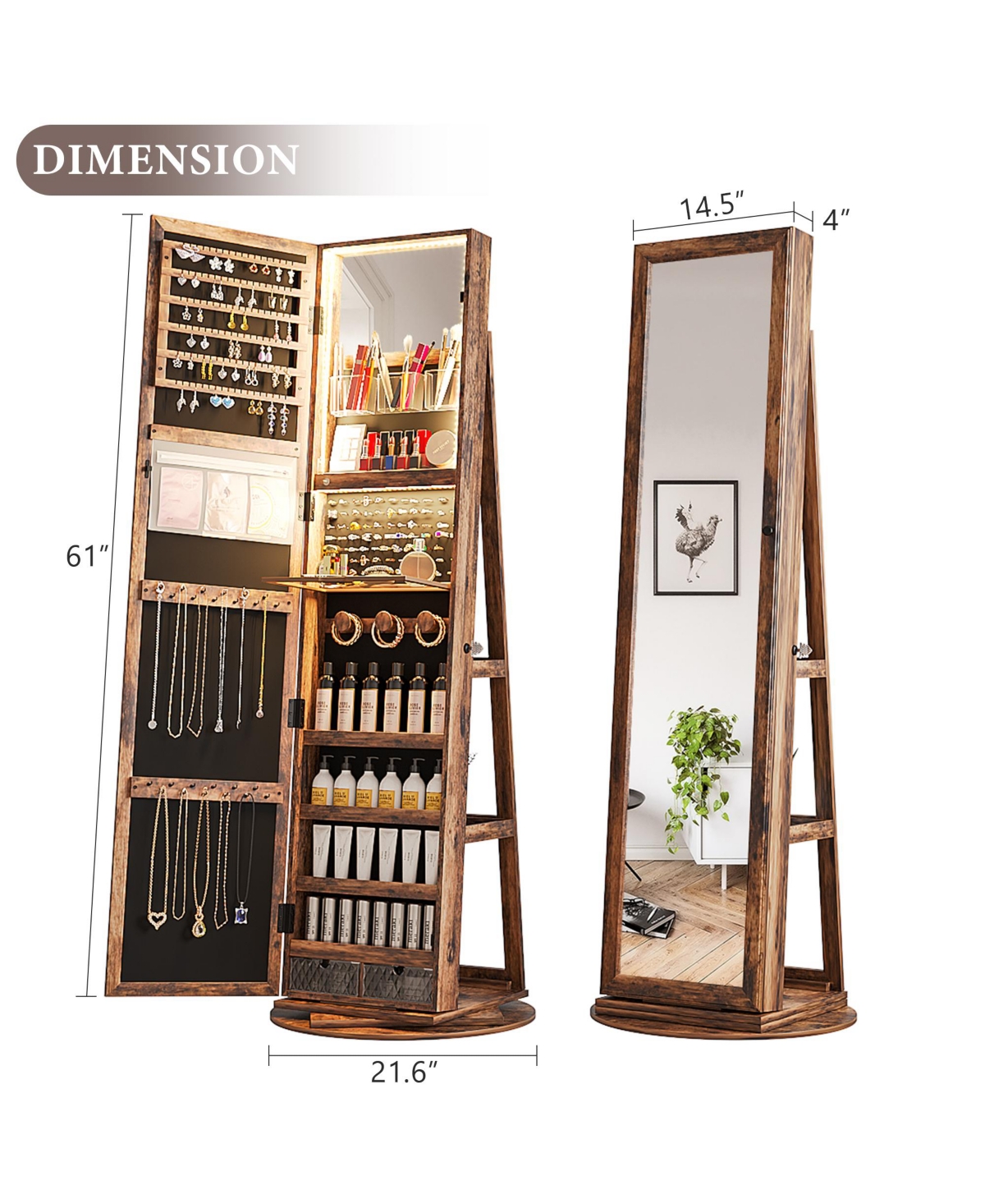 Vlsrka Rotatable full-length jewelry mirror cabinet with compartments and built-in Led lights.