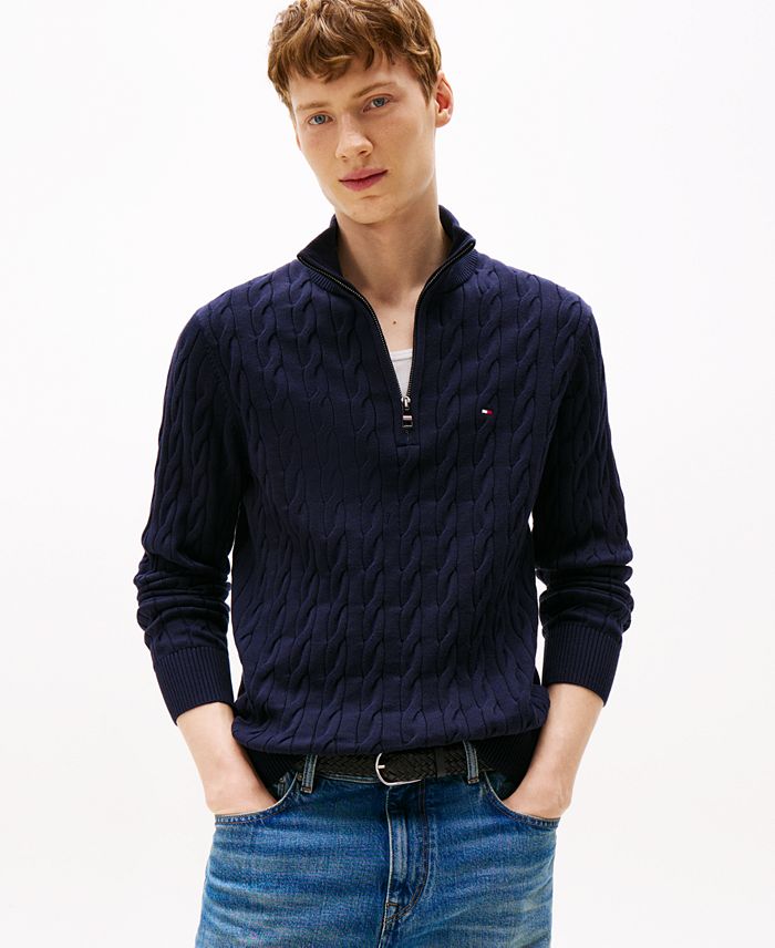 Tommy Hilfiger Mens Long Sleeve Cable Knit Quarter Zip Sweater