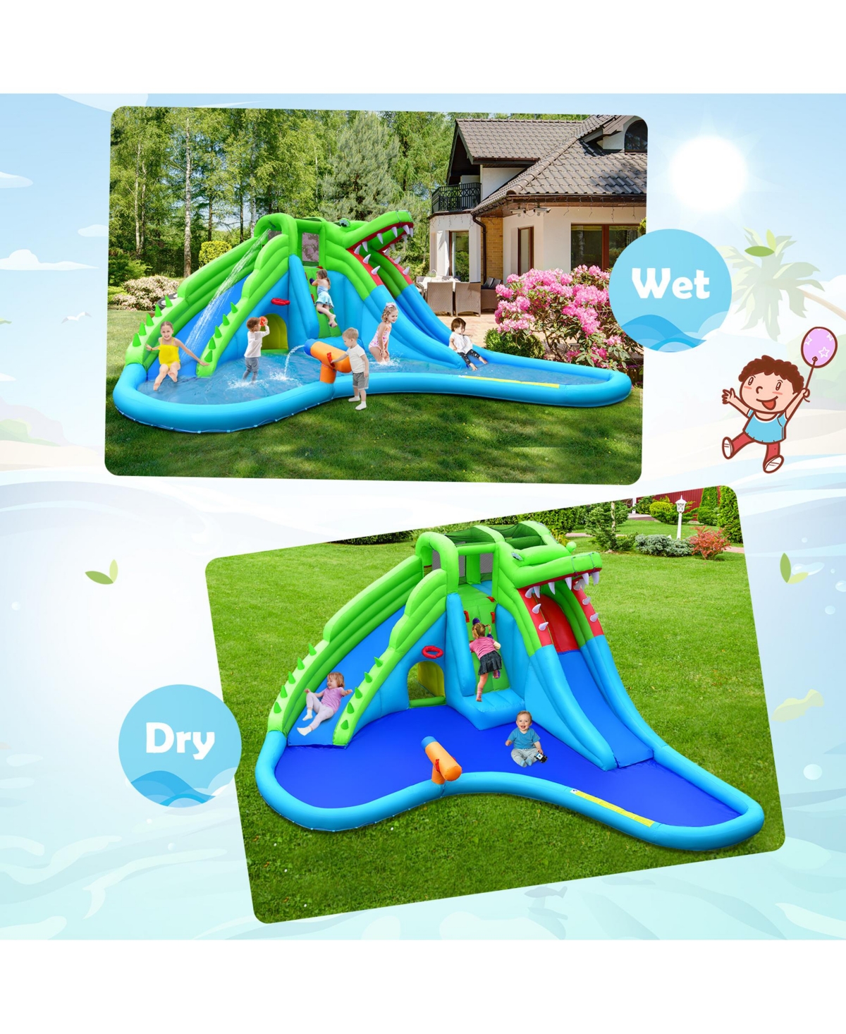 Gymax Crocodile Inflatable Water Slide Park Kids Bounce House with Dual Slides With 780W Blower