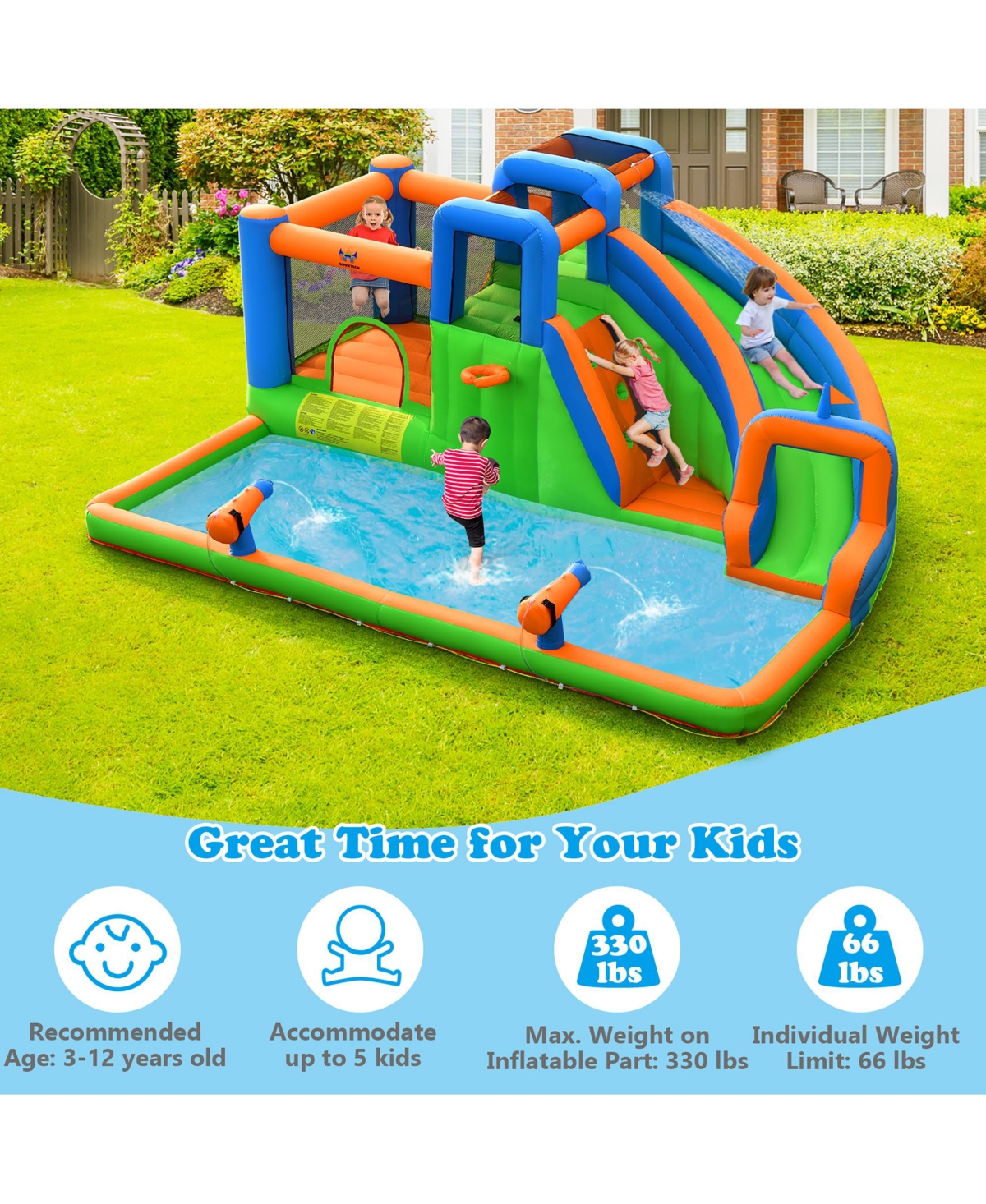 Gymax Inflatable Water Slide Giant Bounce Castle with Dual Climbing Walls and 735W Blower