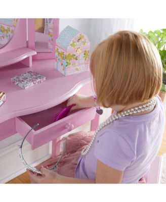Kids' Vanity and Stool Set - White: Little Girls Pretend Play Princess Desk and Chair, Makeup Mirror with Storage Drawer