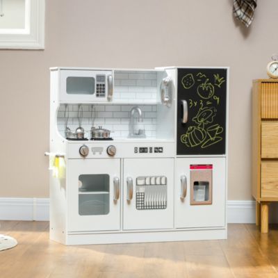 Kids Kitchen Playset Pretend Play Toy Kitchen with Play Phone, Chalkboard, Towel Rack, Ice Maker, 5 Accessories, Storage Space