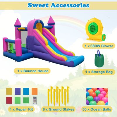 Kids Inflatable Bounce Castle 7-in-1 Jumping House with Long Slide and 735W Blower