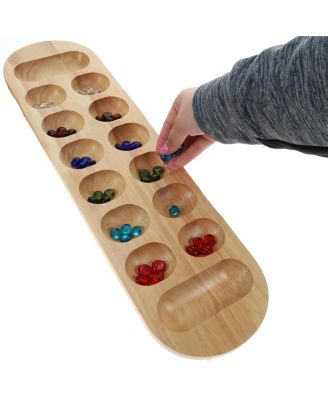 Mancala Board Game - 22 in., Solid Natural Wood Board and Glass Stones