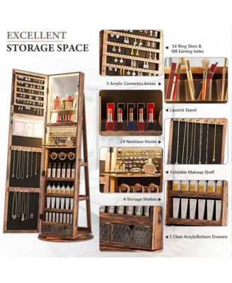Rotatable full-length jewelry mirror cabinet with compartments and built-in LED lights.