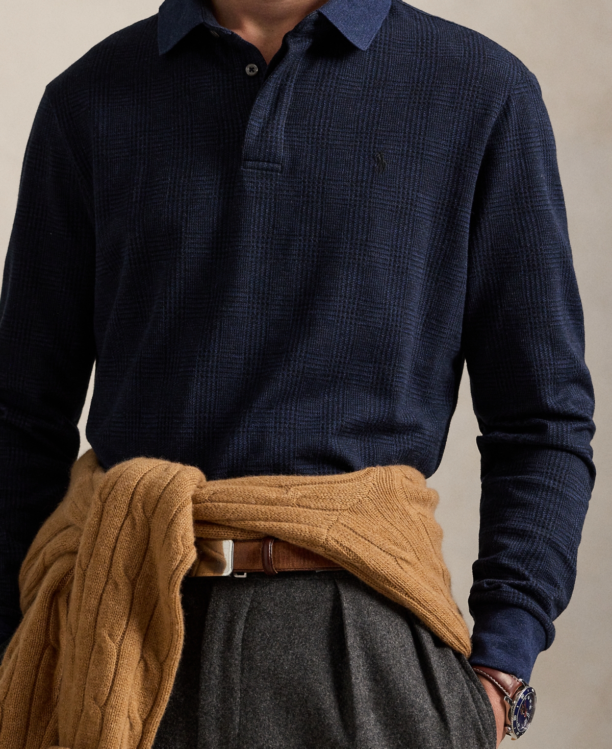 Polo Ralph Lauren Classic Fit Glen Plaid Long Sleeve Cotton Polo In Blue
