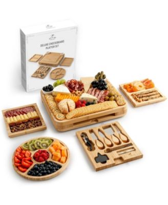 Premium Bamboo Cheese Board Deluxe Set with 4 Piece Knife Set