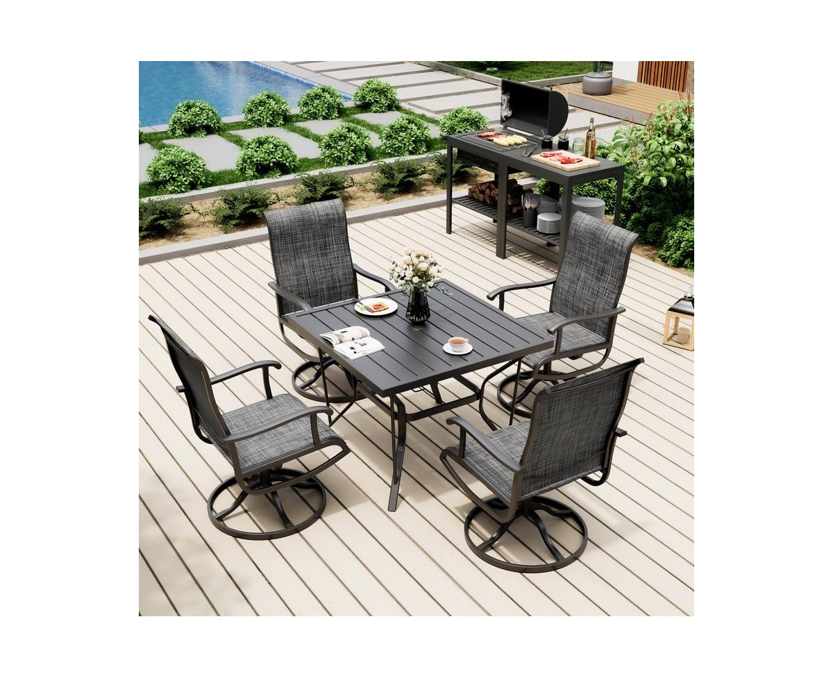 Outdoor 5-Piece Metal Patio Dining Set with and 4 Textilene Swivel Chairs and Square Table in Beige