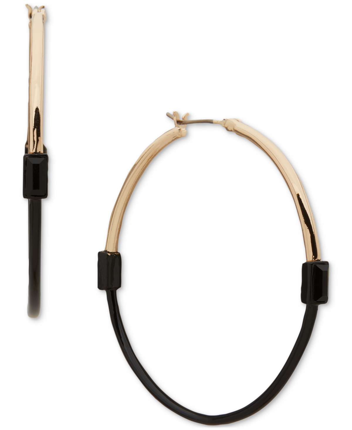 Dkny Gold-tone Baguette Crystal Black Dipped Medium Hoop Earrings, 1.65"
