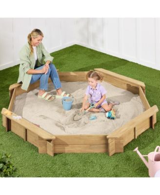 Kid's Octagonal Wooden Outdoor Sandbox w/ Benches, 8 Seats, Cover, XL Sandpit, Liner