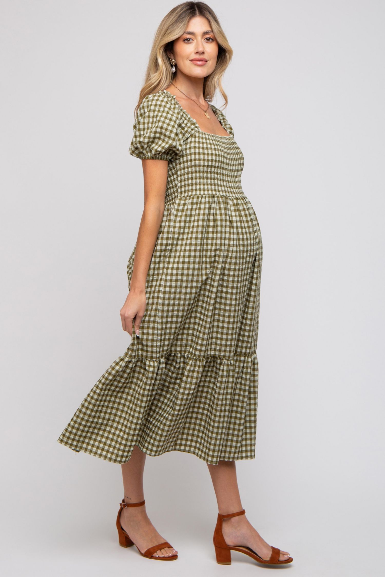 Women's Rust Gingham Smocked Midi Dress