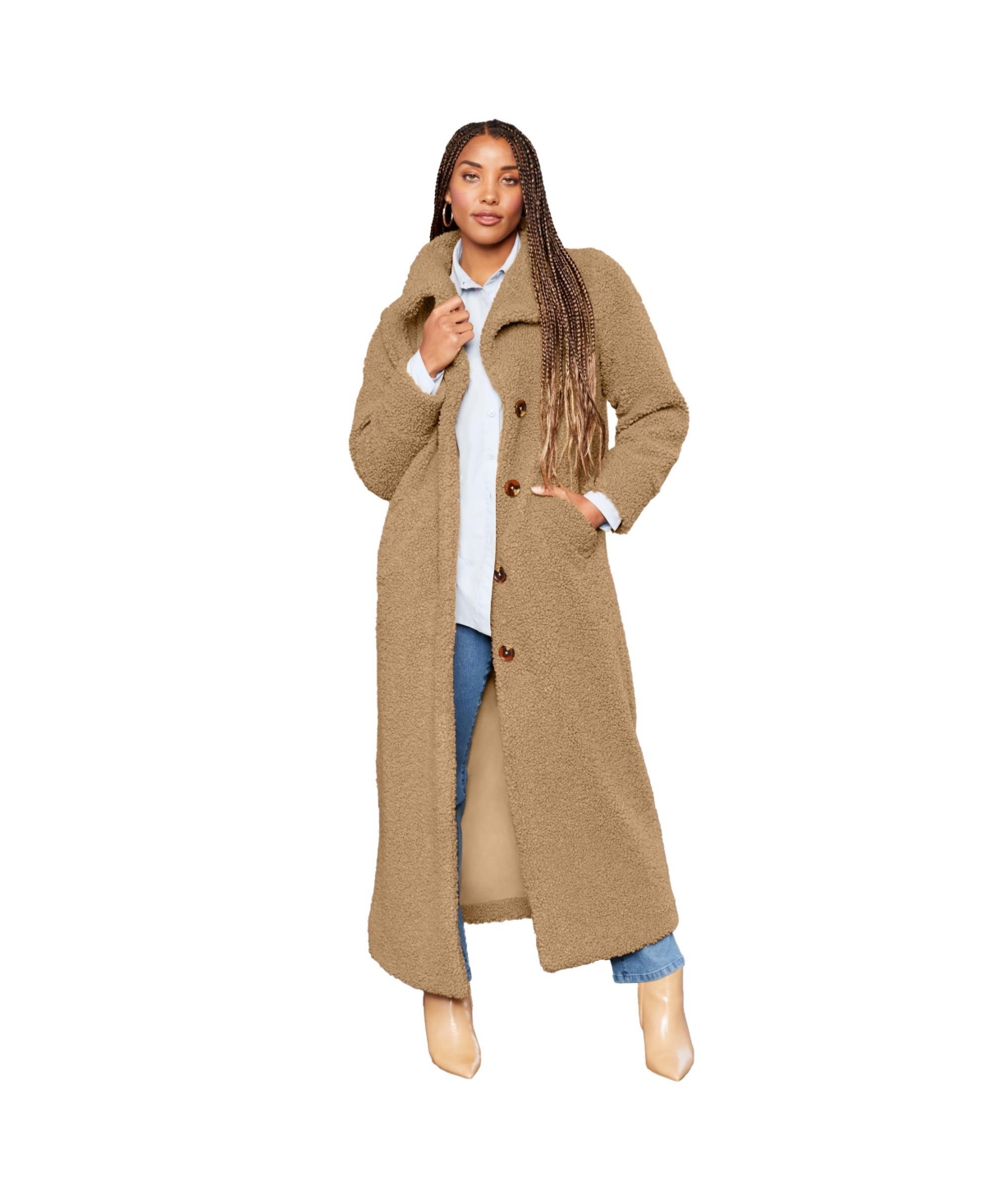 Women's June + Vie Maxi Teddy Fleece Coat - Soft camel