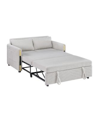 55.5"W Beige Teddy Velvet Sleeper Loveseat with Dual-Pull Sleeper Design