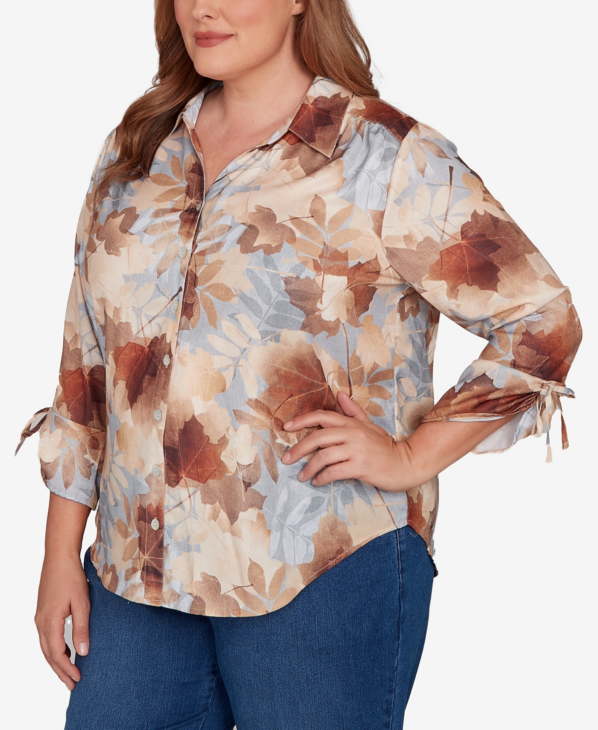 Alfred Dunner Plus Size Classic Textured Leaf Button Front Top
