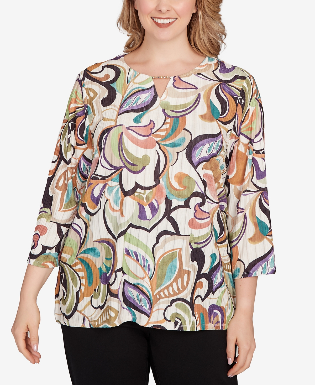 Alfred Dunner Plus Size Classic Abstract Scroll Split Neck Top In Neutral